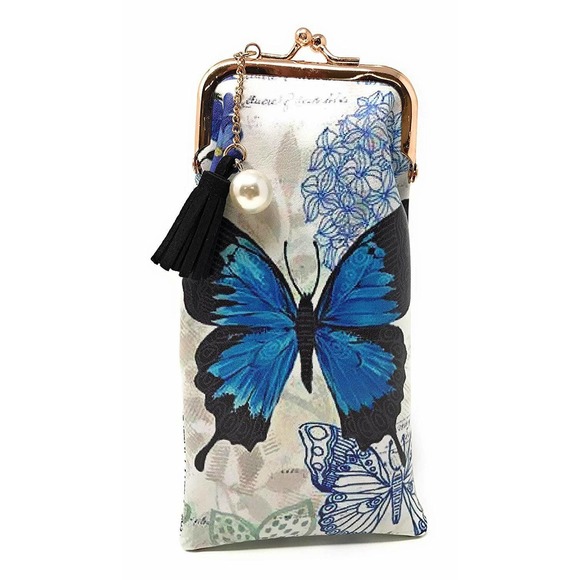 Value Arts Accessories - Butterfly Eyeglass Case Blue Swallowtail PU Leather Sunglasses Cigarette 7"L